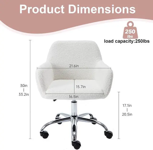 Alt view image 3 of 7 - HomVent Faux Fur Vanity Chairs with Wheels White Furry Makup Desk Chair for Kids,Women,Grils,Cute Home Office Computer Chair,Swivel Task Arm Chairs for Bedrooms,Living Room,Study,Dressing