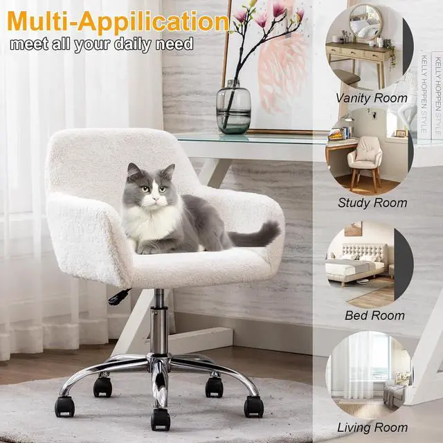 Alt view image 5 of 7 - HomVent Faux Fur Vanity Chairs with Wheels White Furry Makup Desk Chair for Kids,Women,Grils,Cute Home Office Computer Chair,Swivel Task Arm Chairs for Bedrooms,Living Room,Study,Dressing