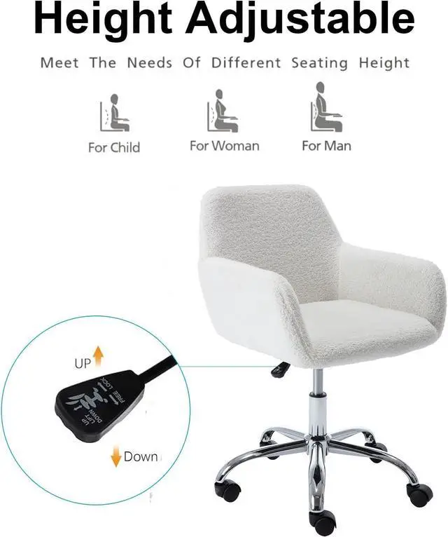 Alt view image 6 of 7 - HomVent Faux Fur Vanity Chairs with Wheels White Furry Makup Desk Chair for Kids,Women,Grils,Cute Home Office Computer Chair,Swivel Task Arm Chairs for Bedrooms,Living Room,Study,Dressing