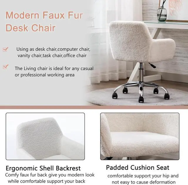 Alt view image 7 of 7 - HomVent Faux Fur Vanity Chairs with Wheels White Furry Makup Desk Chair for Kids,Women,Grils,Cute Home Office Computer Chair,Swivel Task Arm Chairs for Bedrooms,Living Room,Study,Dressing
