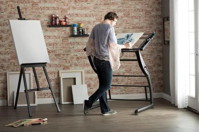 Alt view image 2 of 7 - SD Studio Designs Triflex Drawing Table, Sit to Stand Up Adjustable Office Home Computer Desk, 35.25" W X 23.5" D, Charcoal Black/Clear Glass