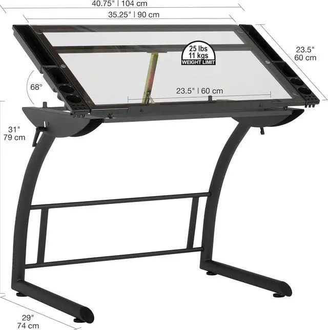 Alt view image 3 of 7 - SD Studio Designs Triflex Drawing Table, Sit to Stand Up Adjustable Office Home Computer Desk, 35.25" W X 23.5" D, Charcoal Black/Clear Glass