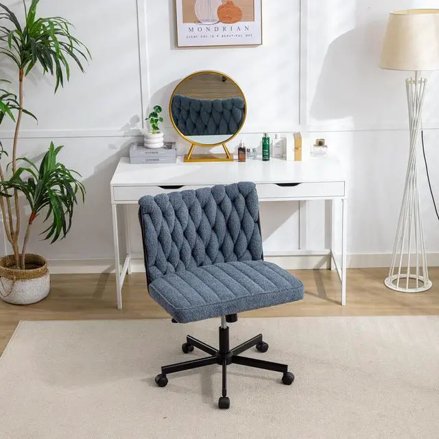 Alt view image 2 of 7 - Criss Cross Legged Office Desk Chair with Wheels, Modern Armless Desk Chair with Wide Seat, Home Office Chair for Work, Meditation, Vanity, Blue