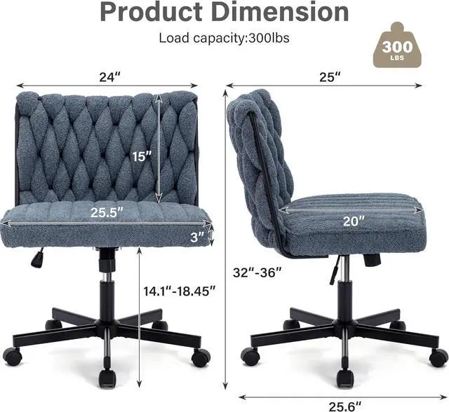 Alt view image 3 of 7 - Criss Cross Legged Office Desk Chair with Wheels, Modern Armless Desk Chair with Wide Seat, Home Office Chair for Work, Meditation, Vanity, Blue