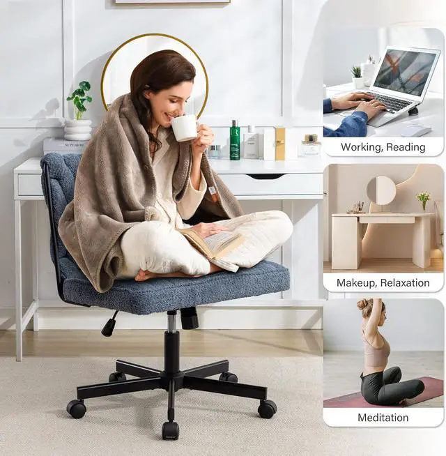 Alt view image 4 of 7 - Criss Cross Legged Office Desk Chair with Wheels, Modern Armless Desk Chair with Wide Seat, Home Office Chair for Work, Meditation, Vanity, Blue