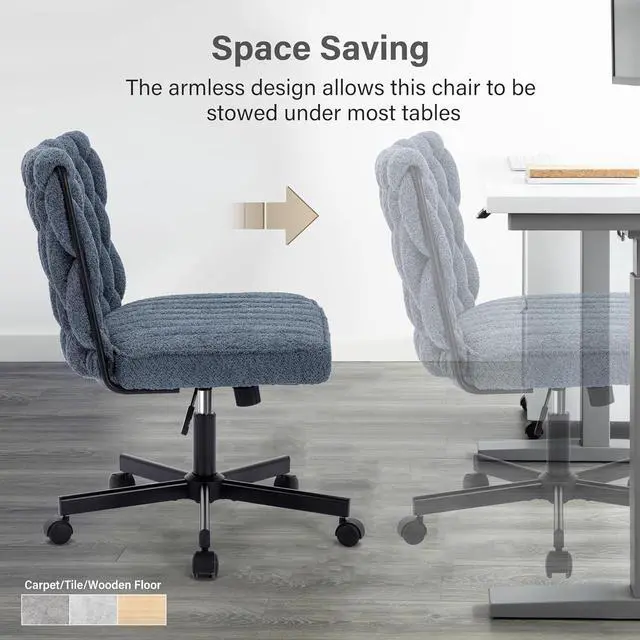 Alt view image 5 of 7 - Criss Cross Legged Office Desk Chair with Wheels, Modern Armless Desk Chair with Wide Seat, Home Office Chair for Work, Meditation, Vanity, Blue