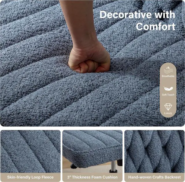 Alt view image 6 of 7 - Criss Cross Legged Office Desk Chair with Wheels, Modern Armless Desk Chair with Wide Seat, Home Office Chair for Work, Meditation, Vanity, Blue
