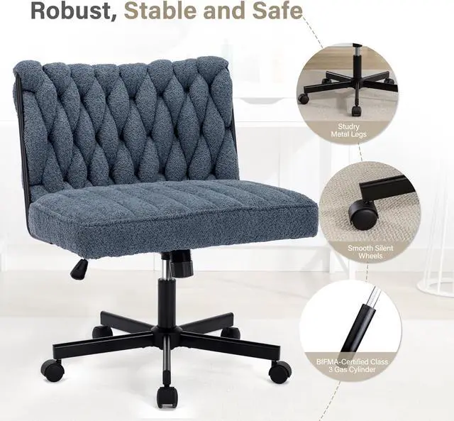 Alt view image 7 of 7 - Criss Cross Legged Office Desk Chair with Wheels, Modern Armless Desk Chair with Wide Seat, Home Office Chair for Work, Meditation, Vanity, Blue