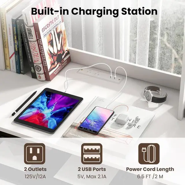 Alt view image 4 of 7 - Giantex Computer Desk with Keyboard Tray, 43.5" Modern Writing Desk PC Laptop Table with Power Outlets, Hutch & Bookshelf, Multifunctional Study Workstation for Home Office, White
