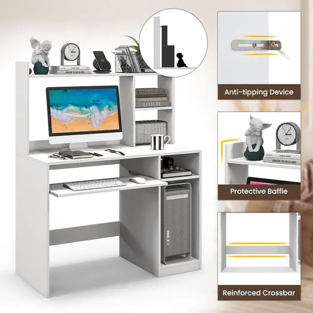 Alt view image 5 of 7 - Giantex Computer Desk with Keyboard Tray, 43.5" Modern Writing Desk PC Laptop Table with Power Outlets, Hutch & Bookshelf, Multifunctional Study Workstation for Home Office, White