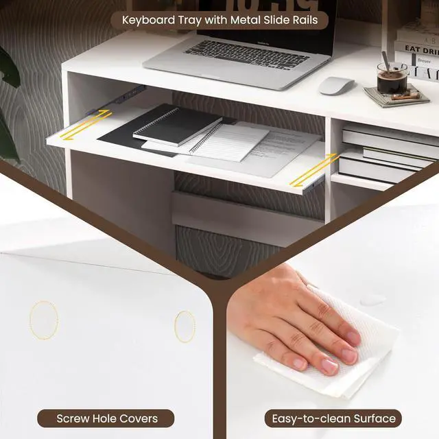 Alt view image 7 of 7 - Giantex Computer Desk with Keyboard Tray, 43.5" Modern Writing Desk PC Laptop Table with Power Outlets, Hutch & Bookshelf, Multifunctional Study Workstation for Home Office, White