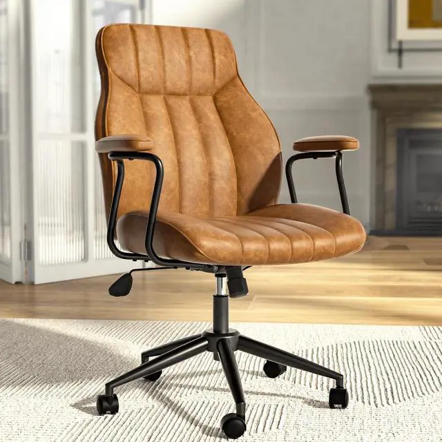 Main image of Brown Leather Desk Chair, Vintage Desk Chair with Wheels and Arms, Height Adjustable Mid Century Modern Desk Chair