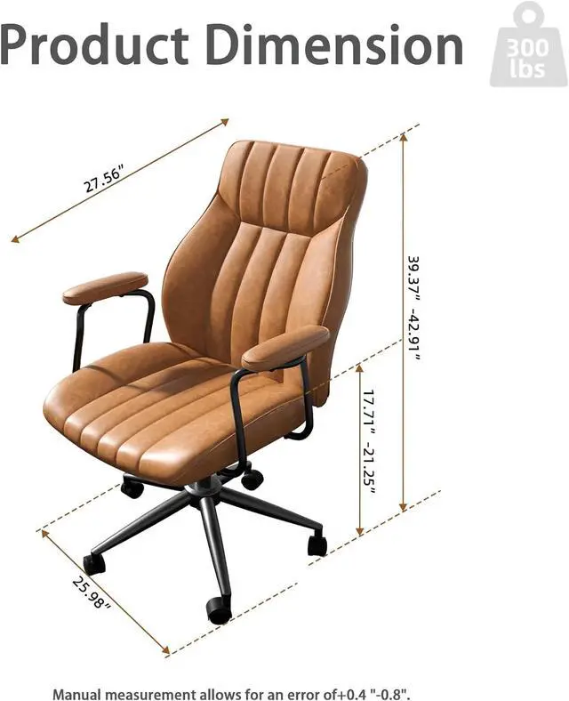 Alt view image 2 of 7 - Brown Leather Desk Chair, Vintage Desk Chair with Wheels and Arms, Height Adjustable Mid Century Modern Desk Chair