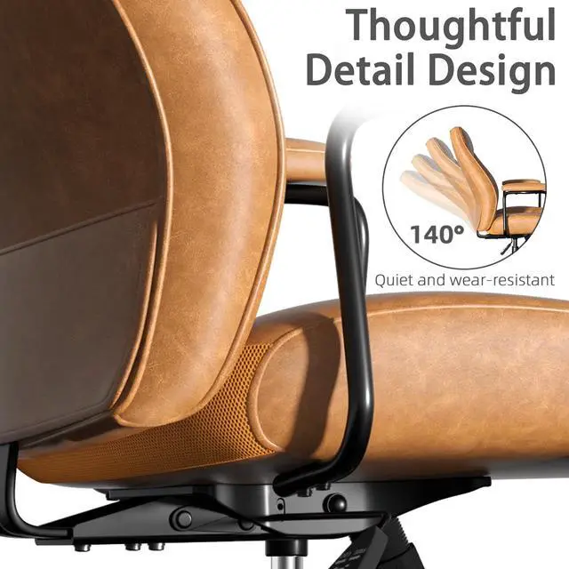 Alt view image 4 of 7 - Brown Leather Desk Chair, Vintage Desk Chair with Wheels and Arms, Height Adjustable Mid Century Modern Desk Chair