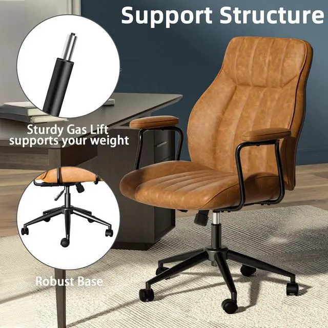 Alt view image 5 of 7 - Brown Leather Desk Chair, Vintage Desk Chair with Wheels and Arms, Height Adjustable Mid Century Modern Desk Chair
