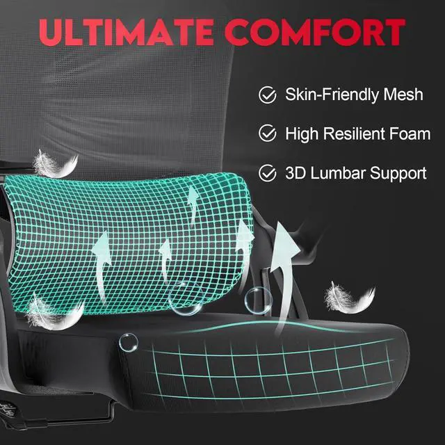 Alt view image 4 of 7 - Ergonomic Office Chair - 400LB Comfy Desk Chairs with Headrest and Lumbar Back Support, Heavy Duty Mesh Computer Chairs with Wheels and Arms for Home Office, Study, Bedroom and Dorm (03black)