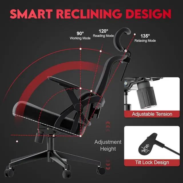 Alt view image 5 of 7 - Ergonomic Office Chair - 400LB Comfy Desk Chairs with Headrest and Lumbar Back Support, Heavy Duty Mesh Computer Chairs with Wheels and Arms for Home Office, Study, Bedroom and Dorm (03black)