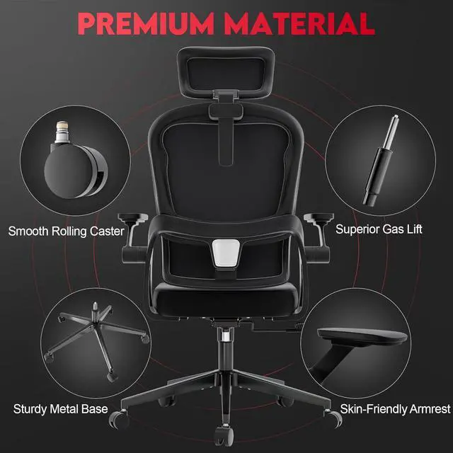 Alt view image 6 of 7 - Ergonomic Office Chair - 400LB Comfy Desk Chairs with Headrest and Lumbar Back Support, Heavy Duty Mesh Computer Chairs with Wheels and Arms for Home Office, Study, Bedroom and Dorm (03black)