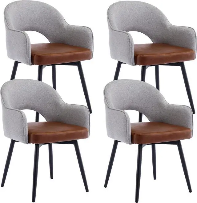 Main image of DUOMAY Modern Swivel Dining Chairs Set of 4, Linen & Faux Leather Upholstered Accent Side Chair, Home Office Desk Chair with No Wheels for Dining Room Living Room Office, Light Grey