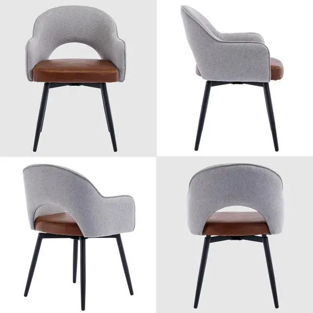 Alt view image 5 of 7 - DUOMAY Modern Swivel Dining Chairs Set of 4, Linen & Faux Leather Upholstered Accent Side Chair, Home Office Desk Chair with No Wheels for Dining Room Living Room Office, Light Grey