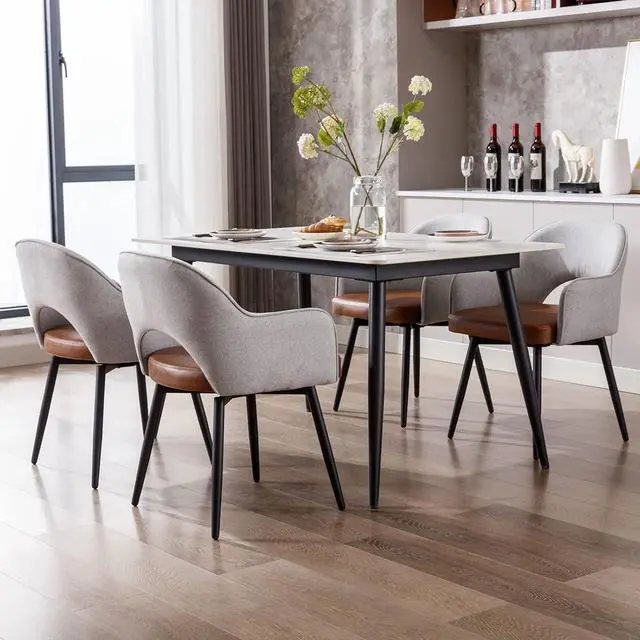 Alt view image 4 of 7 - DUOMAY Modern Swivel Dining Chairs Set of 4, Linen & Faux Leather Upholstered Accent Side Chair, Home Office Desk Chair with No Wheels for Dining Room Living Room Office, Light Grey