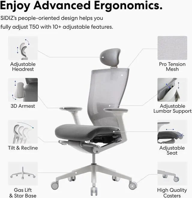 Alt view image 3 of 6 - SIDIZ T50 Ergonomic Office Chair : High Performance Home Office Chair with Adjustable Headrest, Lumbar Support, 3D Armrest, Seat Depth, Mesh Back Computer Chair, Alternative Gaming Chair (Gray)