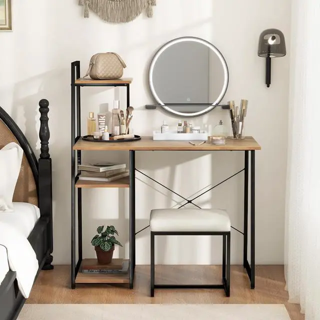 Alt view image 5 of 7 - Tangkula Computer Desk with Shelves, Space Saving Home Office Desk with 3-Tier Ladder Shaped Storage Bookshelf, Modern Writing Study Desk with Metal Frame, Compact Computer Workstation (Natural)