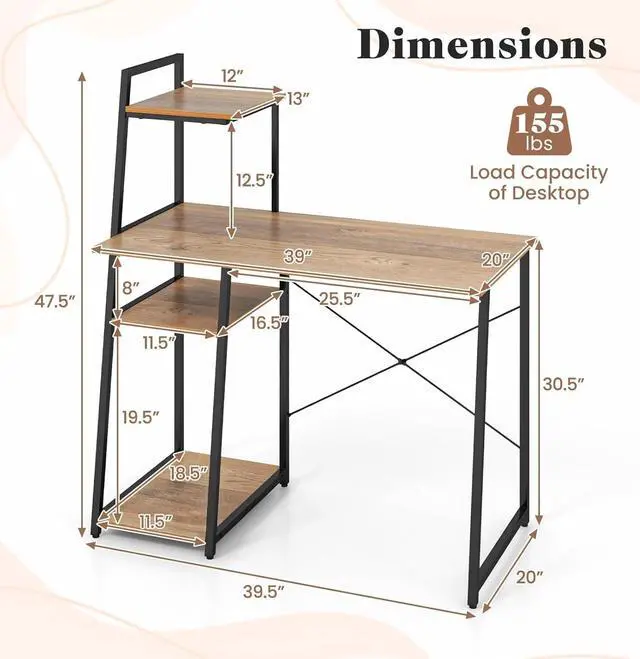 Alt view image 3 of 7 - Tangkula Computer Desk with Shelves, Space Saving Home Office Desk with 3-Tier Ladder Shaped Storage Bookshelf, Modern Writing Study Desk with Metal Frame, Compact Computer Workstation (Natural)