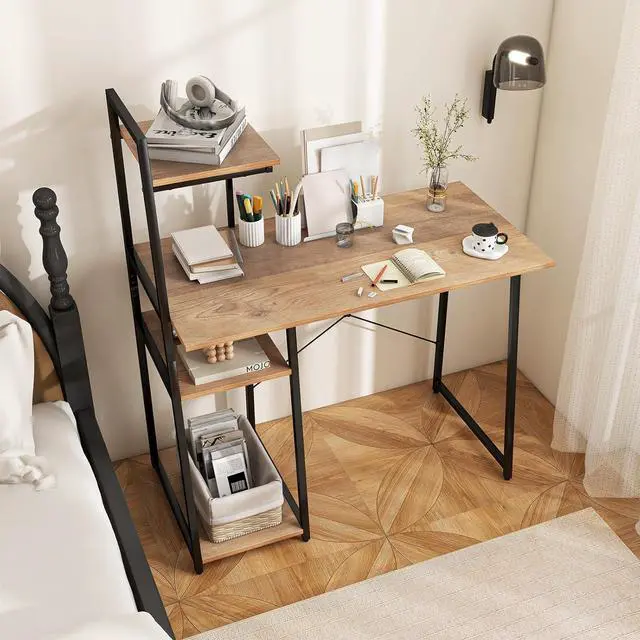 Alt view image 4 of 7 - Tangkula Computer Desk with Shelves, Space Saving Home Office Desk with 3-Tier Ladder Shaped Storage Bookshelf, Modern Writing Study Desk with Metal Frame, Compact Computer Workstation (Natural)