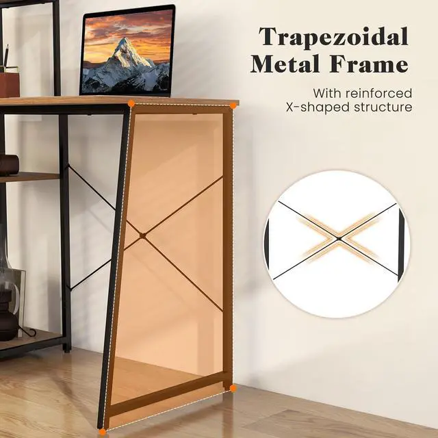 Alt view image 7 of 7 - Tangkula Computer Desk with Shelves, Space Saving Home Office Desk with 3-Tier Ladder Shaped Storage Bookshelf, Modern Writing Study Desk with Metal Frame, Compact Computer Workstation (Natural)