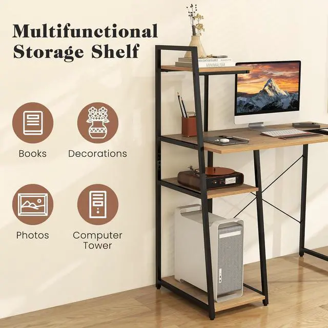 Alt view image 6 of 7 - Tangkula Computer Desk with Shelves, Space Saving Home Office Desk with 3-Tier Ladder Shaped Storage Bookshelf, Modern Writing Study Desk with Metal Frame, Compact Computer Workstation (Natural)