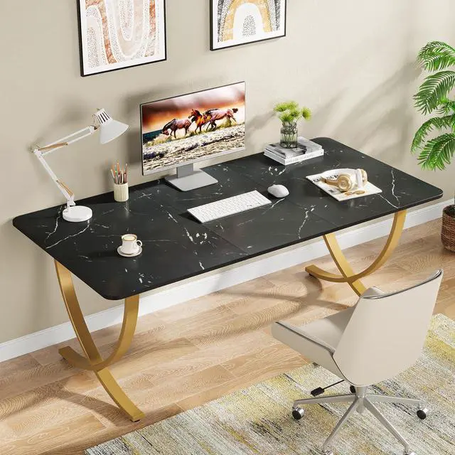 Alt view image 3 of 7 - Tribesigns Executive Desk, 63 W x 31.5 D Large Office Desk, Modern Computer Desk Conference Table Meeting Room Table, Business Furniture for Home Office, Black and Gold