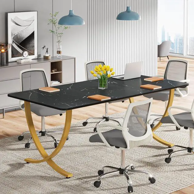 Alt view image 4 of 7 - Tribesigns Executive Desk, 63 W x 31.5 D Large Office Desk, Modern Computer Desk Conference Table Meeting Room Table, Business Furniture for Home Office, Black and Gold