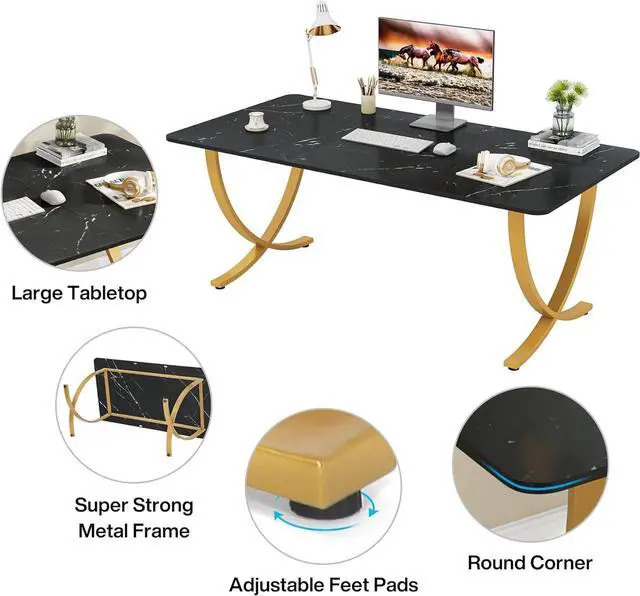 Alt view image 7 of 7 - Tribesigns Executive Desk, 63 W x 31.5 D Large Office Desk, Modern Computer Desk Conference Table Meeting Room Table, Business Furniture for Home Office, Black and Gold