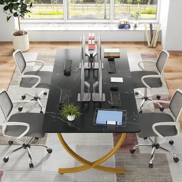 Alt view image 5 of 7 - Tribesigns Executive Desk, 63 W x 31.5 D Large Office Desk, Modern Computer Desk Conference Table Meeting Room Table, Business Furniture for Home Office, Black and Gold