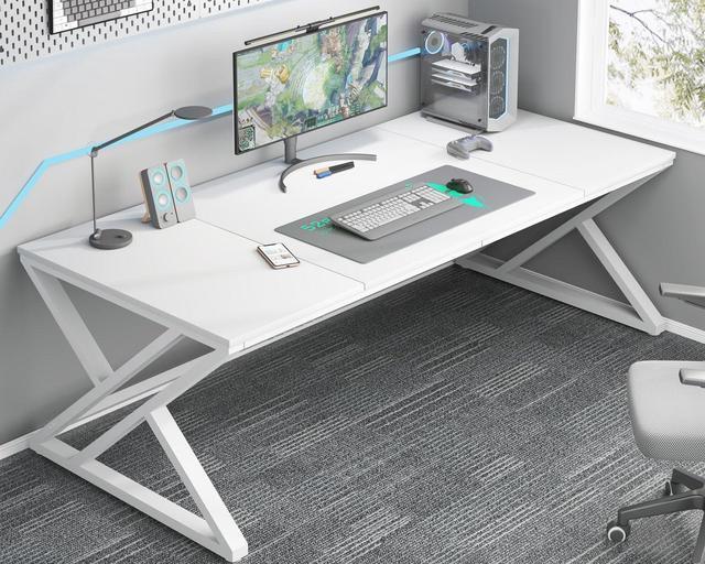 Alt view image 6 of 6 - HSH White 70.8" Computer Desk, Modern Large Long Wood Metal Office Desk, Farmhouse Pc Study Work Writing Desk for Two Person, Rustic Double Workstation Executive Desk for Home Bedroom Living Room