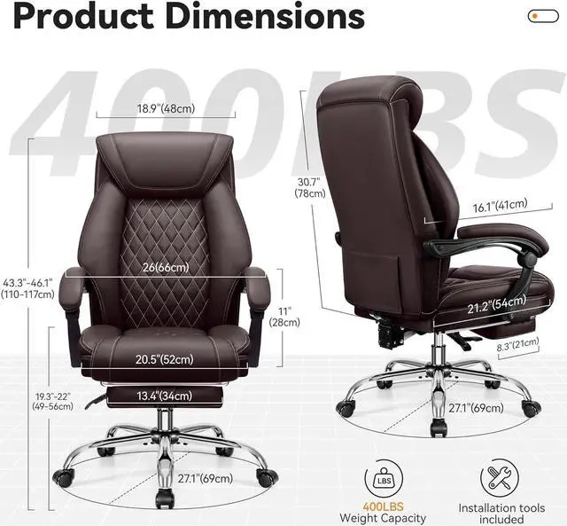 Alt view image 2 of 7 - Office Chair, Executive Leather Chair Adjustable High Back, Ergonomic Computer Desk Chair Lumbar Support, Big and Tall Office Chair with Footrest, Comfy Reclining Chair for Home Office