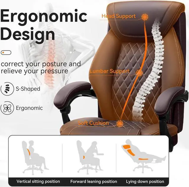 Alt view image 3 of 7 - Office Chair, Executive Leather Chair Adjustable High Back, Ergonomic Computer Desk Chair Lumbar Support, Big and Tall Office Chair with Footrest, Comfy Reclining Chair for Home Office