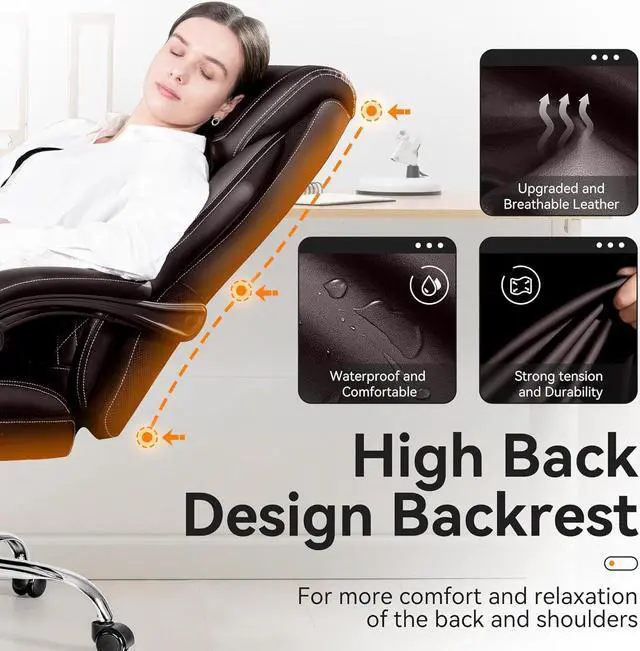 Alt view image 4 of 7 - Office Chair, Executive Leather Chair Adjustable High Back, Ergonomic Computer Desk Chair Lumbar Support, Big and Tall Office Chair with Footrest, Comfy Reclining Chair for Home Office
