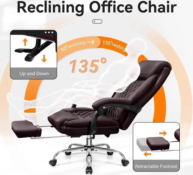 Alt view image 5 of 7 - Office Chair, Executive Leather Chair Adjustable High Back, Ergonomic Computer Desk Chair Lumbar Support, Big and Tall Office Chair with Footrest, Comfy Reclining Chair for Home Office