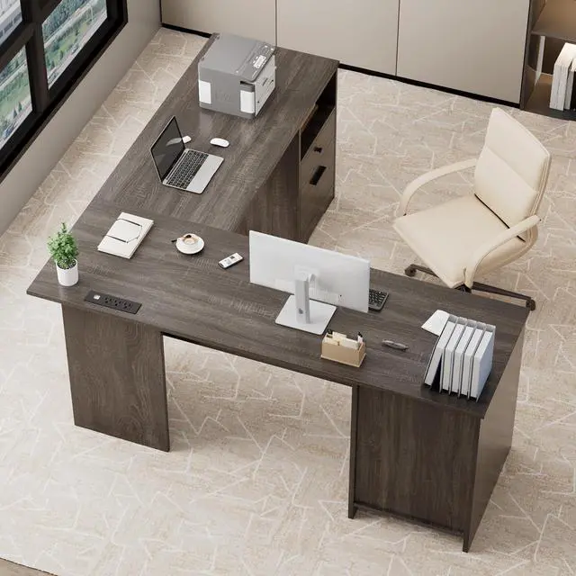 Main image of MU L Shaped Desk with File Drawer, 60 Inch Corner Desk with Storage Drawers & Cabinet, Large Home Office Desk with Power Outlets, Wood Executive Office Desk, Grey