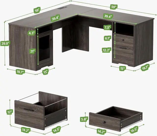 Alt view image 2 of 7 - MU L Shaped Desk with File Drawer, 60 Inch Corner Desk with Storage Drawers & Cabinet, Large Home Office Desk with Power Outlets, Wood Executive Office Desk, Grey