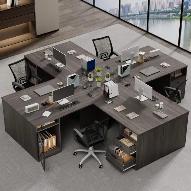 Alt view image 3 of 7 - MU L Shaped Desk with File Drawer, 60 Inch Corner Desk with Storage Drawers & Cabinet, Large Home Office Desk with Power Outlets, Wood Executive Office Desk, Grey