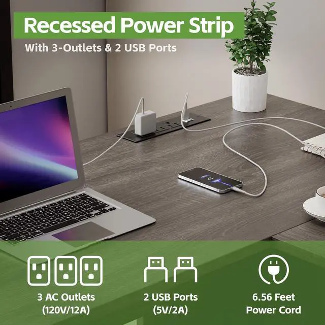 Alt view image 4 of 7 - MU L Shaped Desk with File Drawer, 60 Inch Corner Desk with Storage Drawers & Cabinet, Large Home Office Desk with Power Outlets, Wood Executive Office Desk, Grey