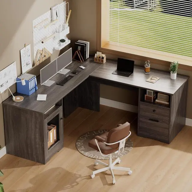 Alt view image 5 of 7 - MU L Shaped Desk with File Drawer, 60 Inch Corner Desk with Storage Drawers & Cabinet, Large Home Office Desk with Power Outlets, Wood Executive Office Desk, Grey