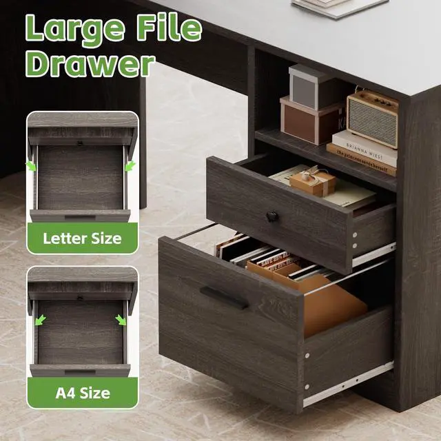 Alt view image 6 of 7 - MU L Shaped Desk with File Drawer, 60 Inch Corner Desk with Storage Drawers & Cabinet, Large Home Office Desk with Power Outlets, Wood Executive Office Desk, Grey