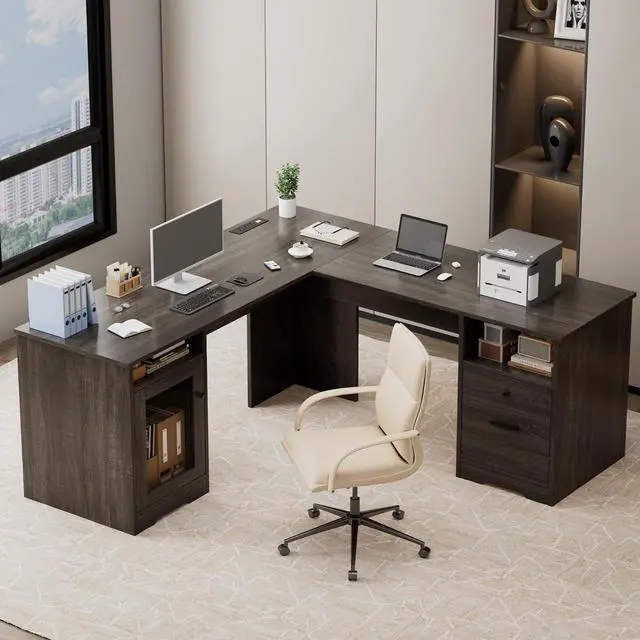 Alt view image 7 of 7 - MU L Shaped Desk with File Drawer, 60 Inch Corner Desk with Storage Drawers & Cabinet, Large Home Office Desk with Power Outlets, Wood Executive Office Desk, Grey