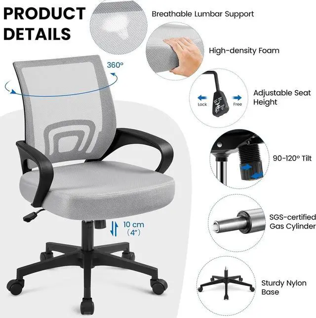 Alt view image 4 of 7 - Yaheetech 2pcs Ergonomic Desk Chair Mesh Computer Chair with Lumbar Support Armrest Executive Rolling Swivel Adjustable Mid Back Task Chair for Women Adults, Grey