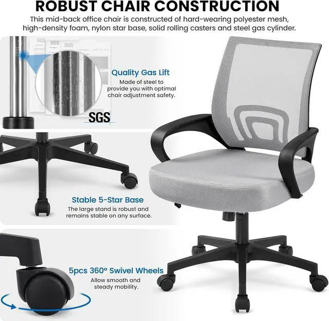 Alt view image 7 of 7 - Yaheetech 2pcs Ergonomic Desk Chair Mesh Computer Chair with Lumbar Support Armrest Executive Rolling Swivel Adjustable Mid Back Task Chair for Women Adults, Grey
