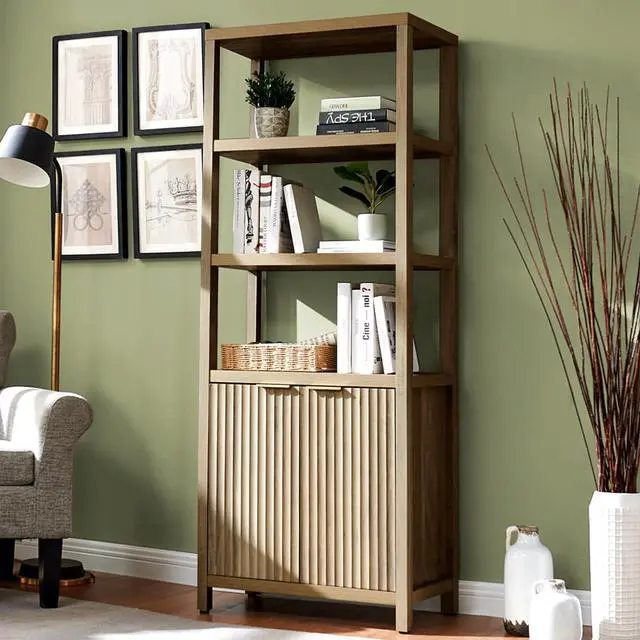 Main image of Oxford Bookshelf, Tall Book Shelf with Doors Cabinet, 5-Tier Bookcase, Wooden Bookshelves with Fluted Panel, Large Bookcases with Storage for Living Room Bedroom (Sunwashed Ash Oak, 1PCS)